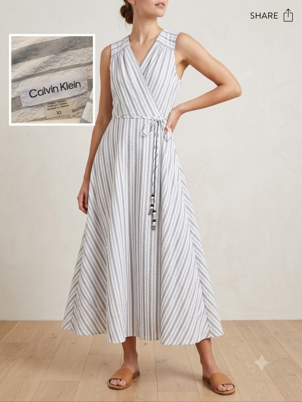 Calvin Klein Striped Wrap Midi Dress Rear Zip Size 10